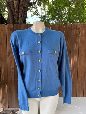 90s Vintage Kerri & Kelsey Blue cardigan sweater with gold tone buttons.